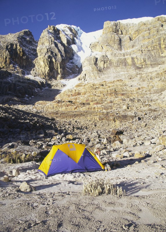 COLOMBIA, Cordillera , Boyaca, "Camp site with tent and mountains, Sierra Nevada de Cocuy, "
