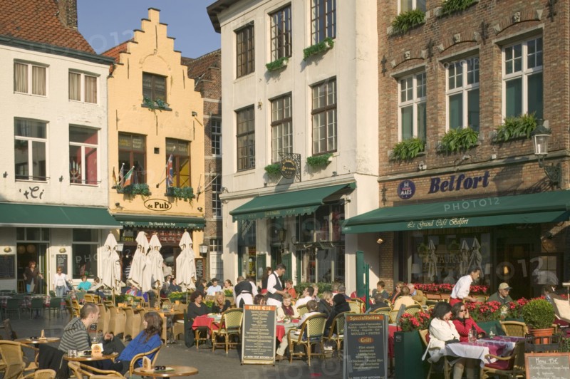 BELGIUM, West Flanders, Bruges, "Restaurants and cafes in Eiermarkt near the Markt, Square."