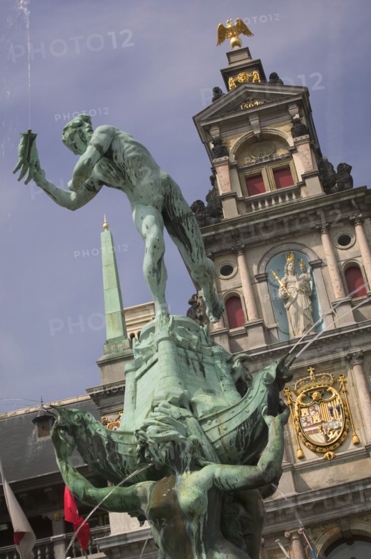 BELGIUM, Flemish Region, Antwerp, Detail of the Brabo Fountain in front of the Stadhuis in Grote Markt or Main Square.