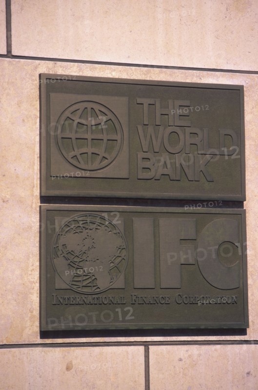 USA, Washington D.C., "World Bank, International Finance Corporation plaque outside building headquarters."