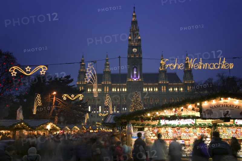 AUSTRIA, Lower Austria, Vienna, The Rathaus Christmas Market with lots of decorations.