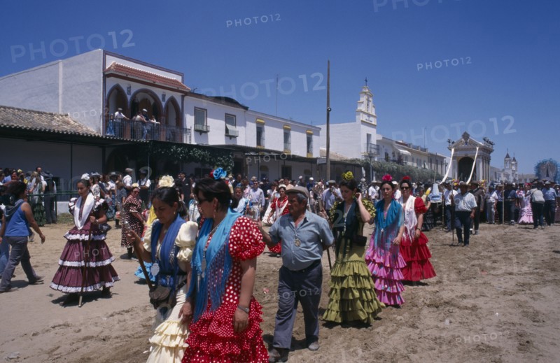 SPAIN, Andalucia, Huelva, El Rocio.  Annual pilgrimage to visit statue of the Virgin in Iglesia de Nuestra Senora del Rocio believed to have performed miraculous healings.