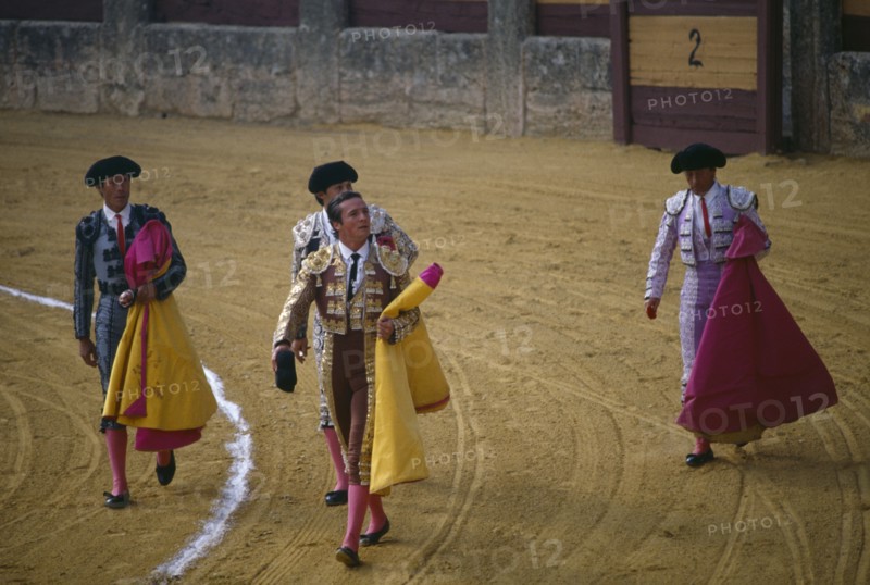 SPAIN, Andalucia, Malaga, Ronda.  Matadors acknowledging crowds in the Plaza de Toros bullring.
