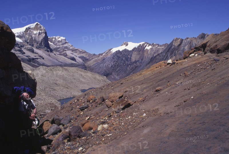 COLOMBIA, Cordillera , Boyaca, "The climb up to Boqueron Bellavista with a man hiking, Sierra Nevada de Cocuy,"
