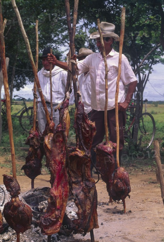 COLOMBIA, Casanare, "Carne a la llanera, A group of men with cooked meat on sticks."