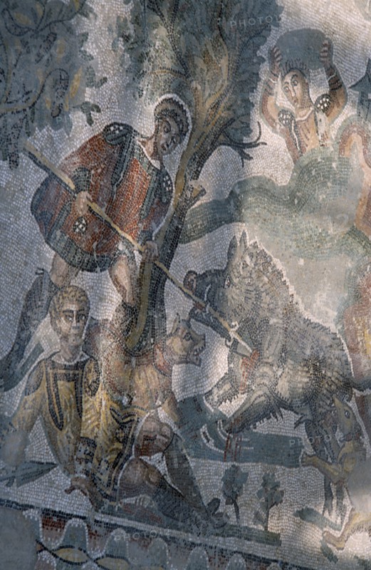 ITALY, Sicily, Enna, Piazza Armerina. Villa Romana del Casale. Detail of Roman Mosaic depicting figures and animals