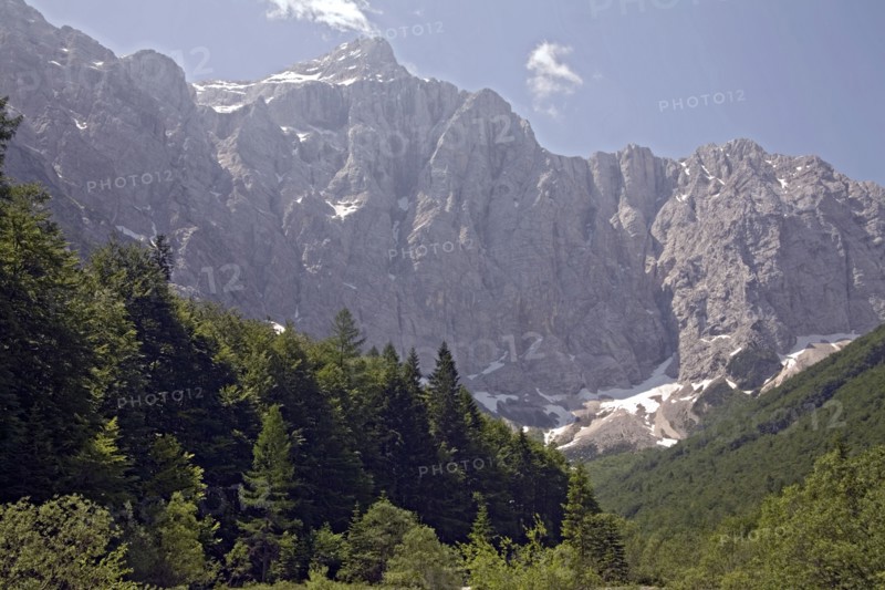 SLOVENIA , Triglav National Park, Julian Mountain, The North Face of Mount Triglav at the end of Vrata Valley the longest valley in Slovenia and the source of the Bristica River