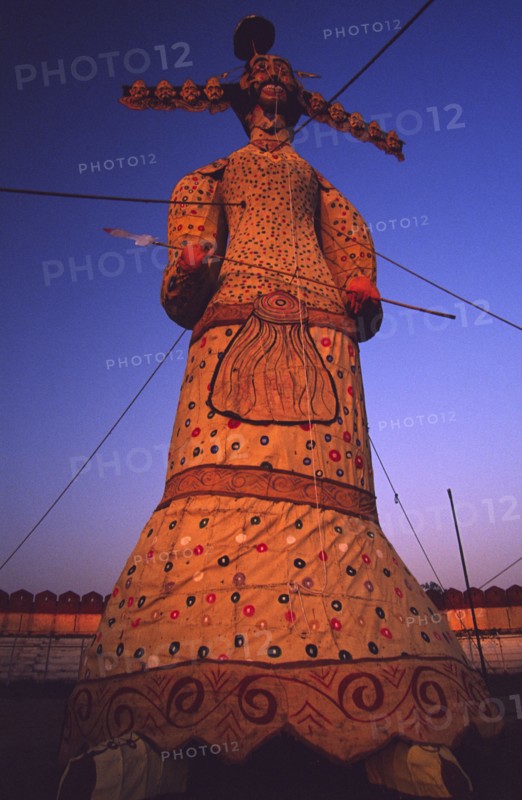 INDIA, Rajasthan, Udaipur, "Dussehra festival/effigy of Ravana the ten day Dussehra festival is one of the biggest annual events in northern India. Celebrating the victory of the God Ram over the demon king Ravana, huge effigies of the demon are constructed and then set aflame after an evening of music, processions and fireworks"