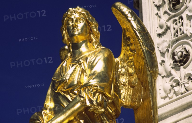 CROATIA, Zagreb, Cathedral gilded angel. Outside the cathedral stands a golden Madonna surrounded by angels sculpted by Antun Fernkor