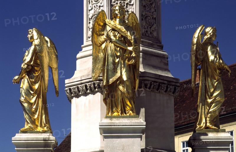 CROATIA, Zagreb, Cathedral statues of angels. Outside the cathedral stands Antun Fernkorn's gilded statues of four angels protecting the Madonna