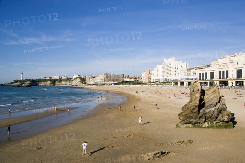 FRANCE, Aquitaine Pyrenees Atlantique, Biarritz, The Basque seaside resort on the Atlantic coast. The Grande Plage beach with the Casino Municipal on the right.