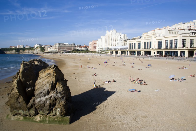 FRANCE, Aquitaine Pyrenees Atlantique, Biarritz, The Basque seaside resort on the Atlantic coast. The Grande Plage beach with the Casino Municipal on the right and the Hotel du Palais on the left