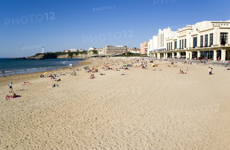 FRANCE, Aquitaine Pyrenees Atlantique, Biarritz, The Basque seaside resort on the Atlantic coast. The Grande Plage beach with the Casino Municipal on the right