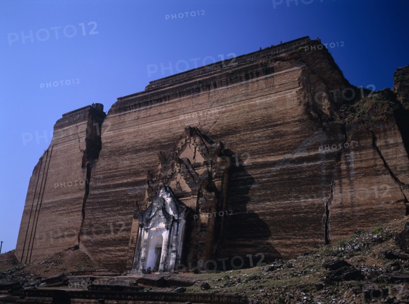 MYANMAR, Mingun, Mingun Paya exterior facade of unfinished pagoda begun in 1790 which suffered earthquake damage in 1938.