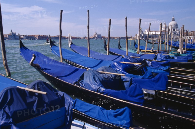 ITALY, Veneto, Venice, Line of gondolas moored at Piazza San Marco jetty with Santa Maria della Salute in distance behind.