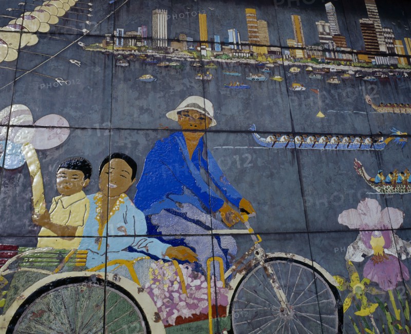 SINGAPORE, Orchard Road, "Painted mural depicting city skyline, dragon boat racing, orchids and trishaw driver."