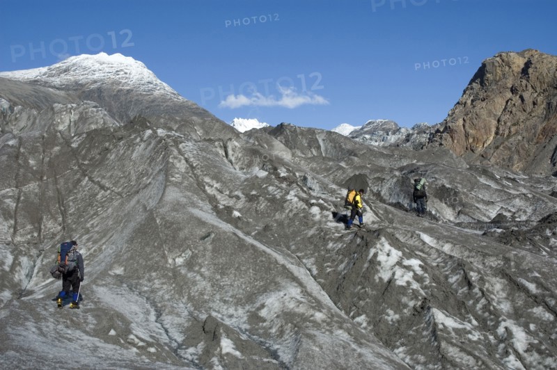 CHILE, Southern Patagonia, O'Higgins region , Mountaineers crossing Glacier Chico in the O'Higgins region of Patagonia. Trek from Glacier Chico (Chile) to El Chalten (Argentina)
