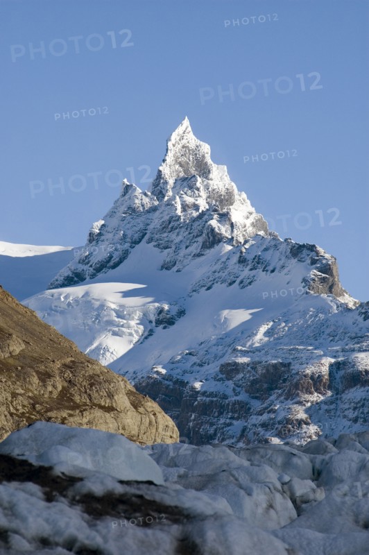 CHILE, Southern Patagonia, Glacier Chico , View of Glacier Chico with unnamed peak in background. Trek from Glacier Chico (Chile) to El Chalten (Argentina)