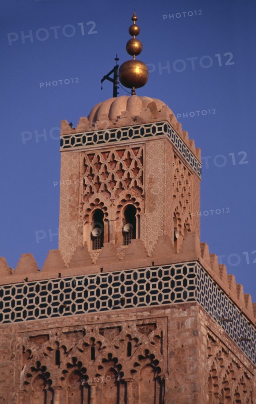 MOROCCO, Marrakech, Koutoubia Mosque.  Part view of minaret. Marrakesh Moslem Marrakech Muslim