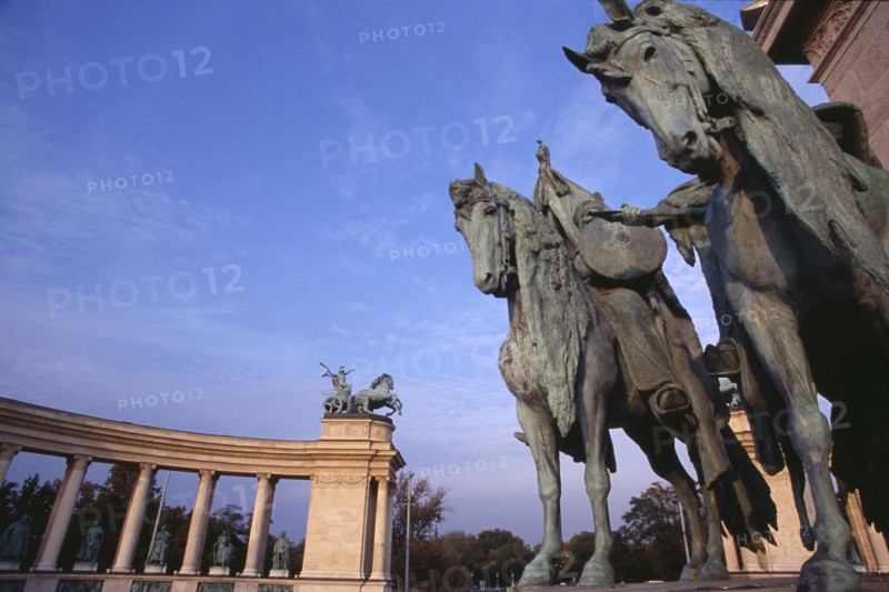 HUNGARY, Budapest, Heroes  Square erected to mark the 1000th anniversary of the Magyar conquest.  Part view of equestrian statues on the Millennary Monument. Eastern Europe