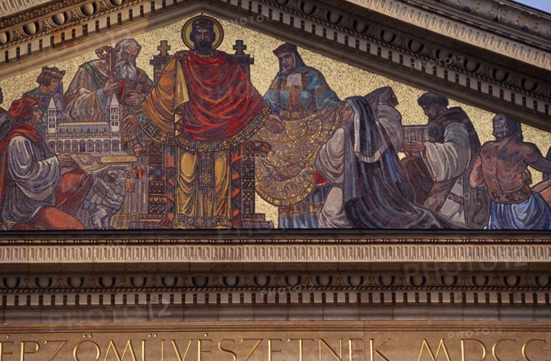 HUNGARY, Budapest, Detail of painting on Exhibition Hall in Heroes Square. Eastern Europe