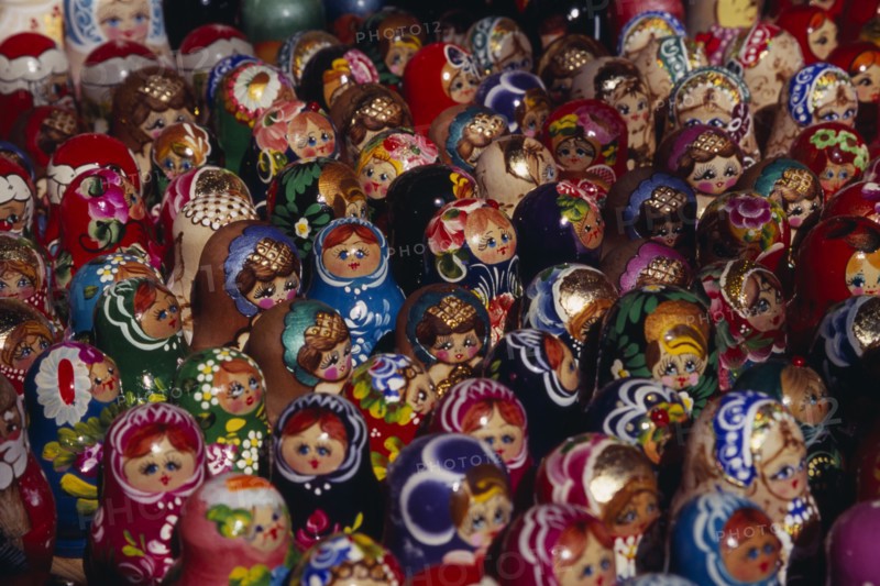 HUNGARY, Budapest, Colourful  painted matryoshka dolls filling frame.  Eastern Europe Colorful