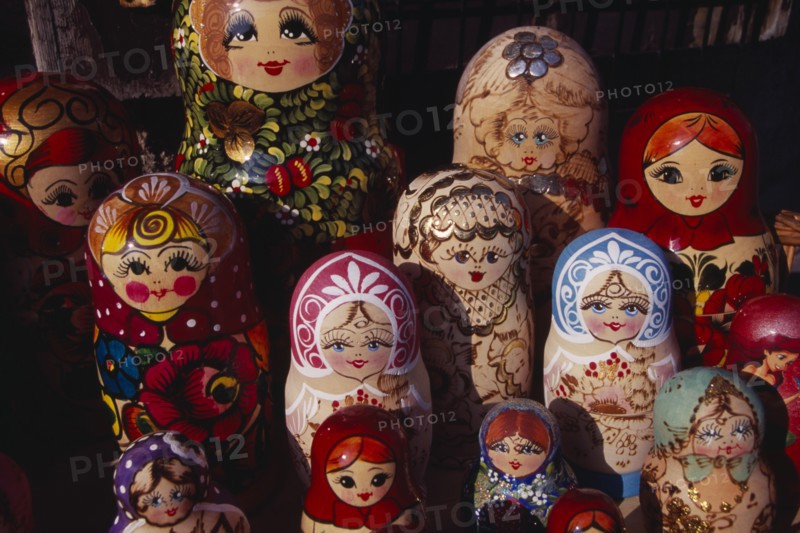 HUNGARY, Budapest, Colourful  painted matryoshka dolls filling frame.  Eastern Europe Colorful