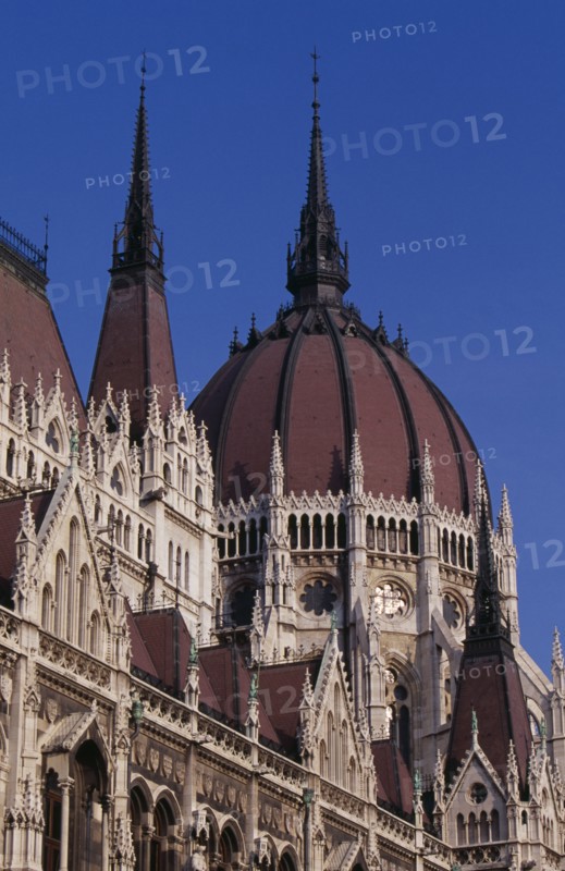 HUNGARY, Budapest, Part view of domed roof and exterior facade of Parliament building. Eastern Europe