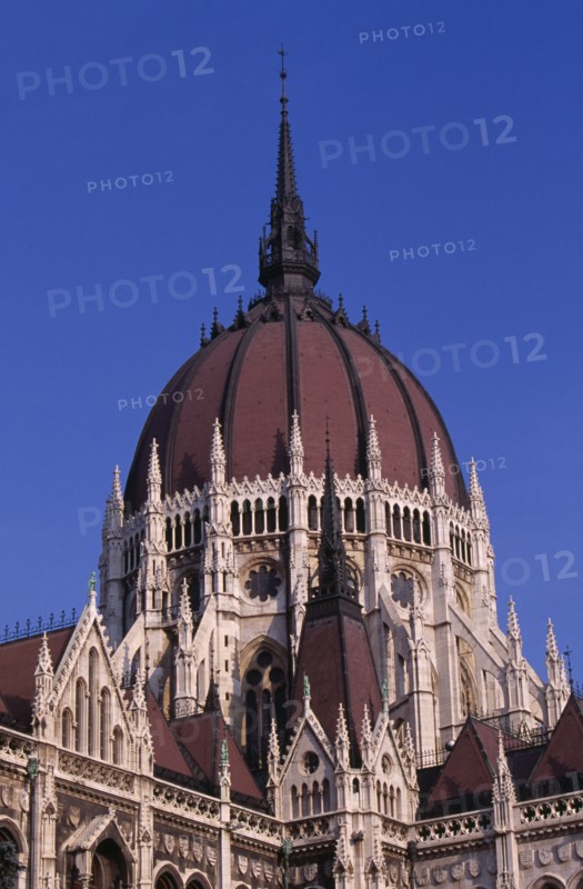 HUNGARY, Budapest, Domed roof and exterior facade of Parliament building. Eastern Europe