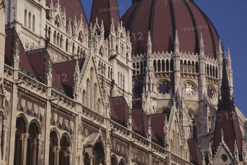 HUNGARY, Budapest, Part view of domed roof and exterior facade of Parliament building. Eastern Europe