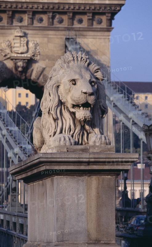 HUNGARY, Budapest, Stone statue of lion on Chain Bridge. Eastern Europe
