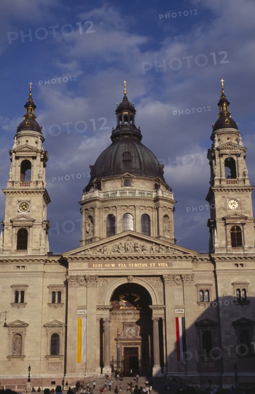 HUNGARY, Budapest, Basilica of St Stephen.  Exterior facade with domed roof and twin bell towers.  Eastern Europe