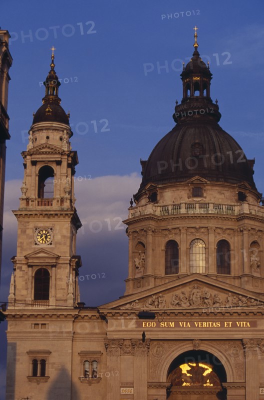 HUNGARY, Budapest, Basilica of St Stephen.  Part view of exterior facade and bell tower. Eastern Europe
