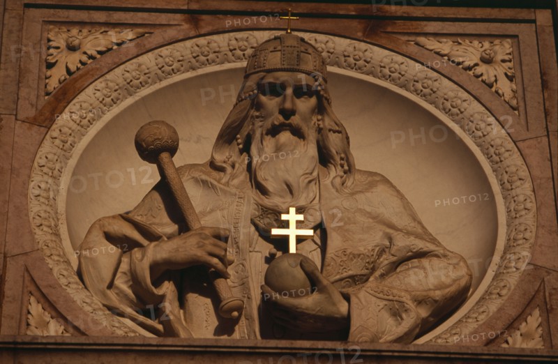 HUNGARY, Budapest, Basilica of St Stephen.  Detail of relief carving above entrance doorway. Eastern Europe
