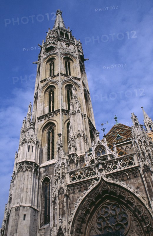 HUNGARY, Budapest, Castle Hill.  Matyas Church  part view of exterior and spire. Eastern Europe   Matthias Mathias