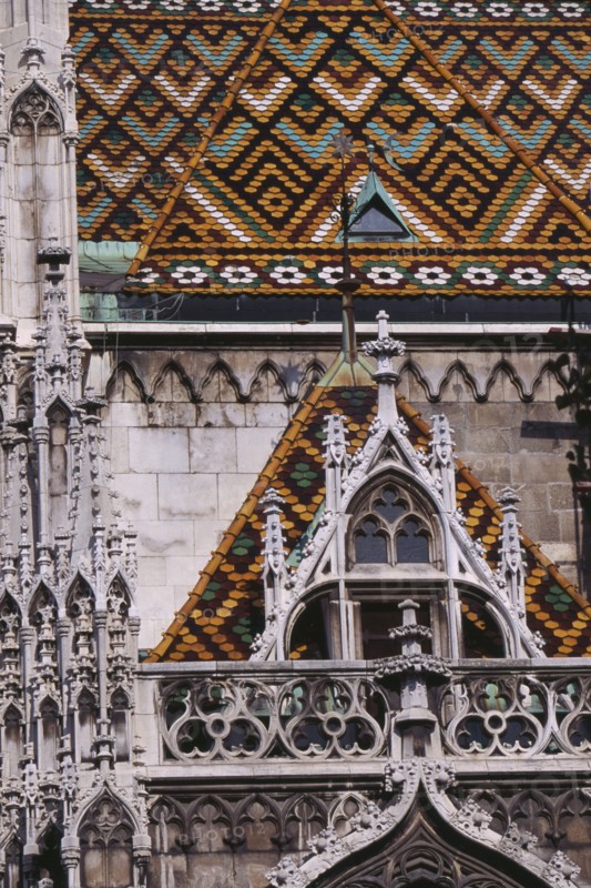 HUNGARY, Budapest, Castle Hill.  Matyas Church  detail of exterior and coloured roof tiles. Eastern Europe   Matthias Mathias Colored