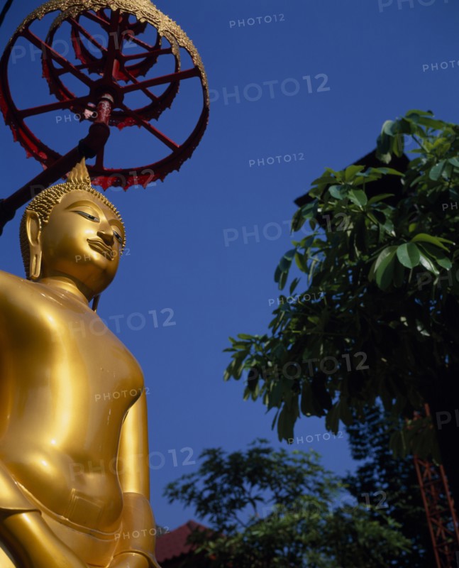 THAILAND, Bangkok, Sathorn District, Charoen Krung.  Golden Buddha statue in temple grounds.