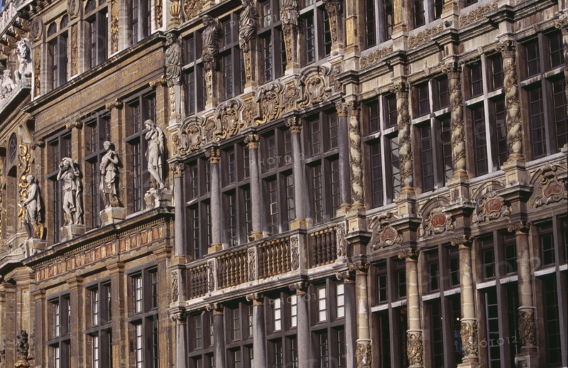 BELGIUM, Brabant, Brussels, Grand Place. Detail of decorated facades of guild houses in the market square. UNESCO World Heritage Site