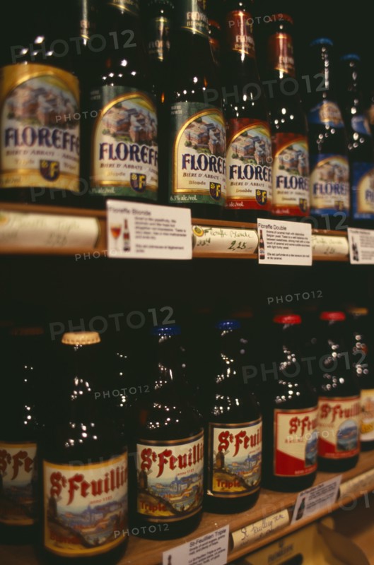 BELGIUM, Brabant, Brussels, Display of traditional Belgian beers for sale.