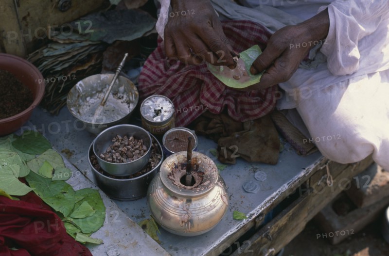 INDIA, North, Markets, Cropped shot of paan seller.