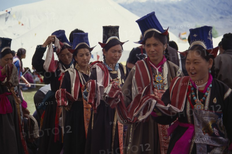 INDIA, Ladakh, People, "Women in traditional dress, turquoise jewellery and hat or gonda."
