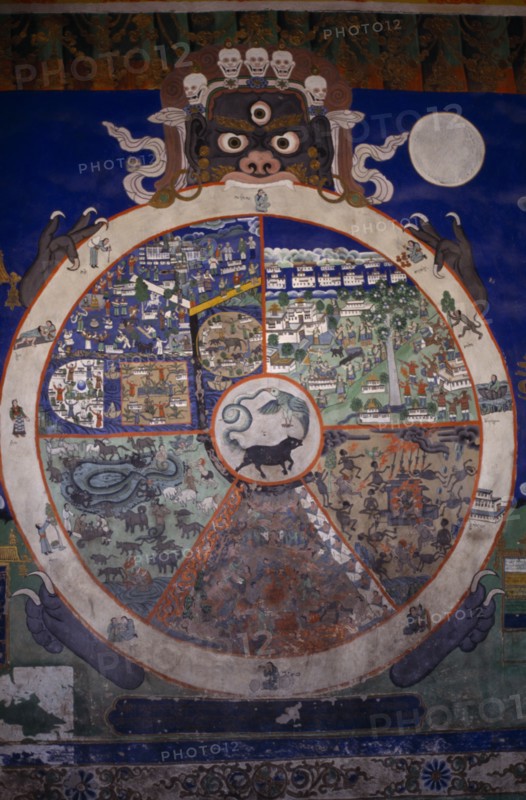 INDIA, Buddhism, "Fresco on Buddhist monastery wall depicting Yamantaka, the terminator of death holding the wheel of life illustrating the six realms of existence including human. "