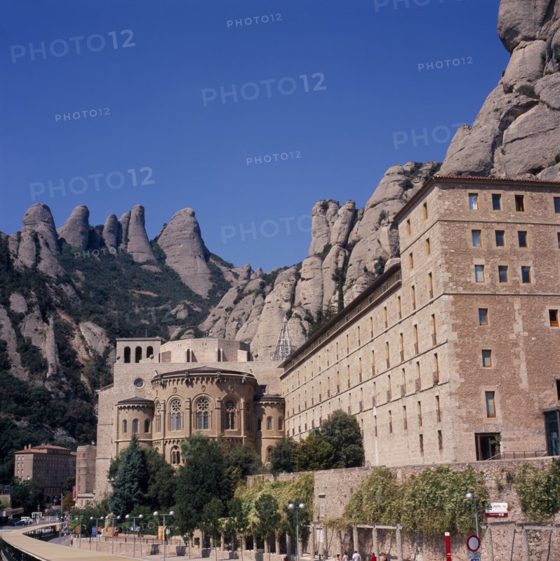 SPAIN, Catalonia, Montserrat, Monastery and base of  the mountains.