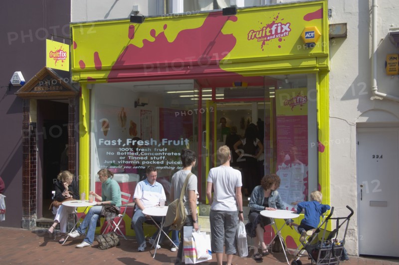 ENGLAND, East Sussex, Brighton, "Fruit Fix juice and smoothy bar in Duke street, North Laines."