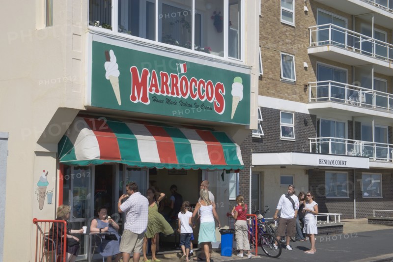 ENGLAND, East Sussex, Brighton, Morocco’s ice cream parlour exterior on Hove seafront.