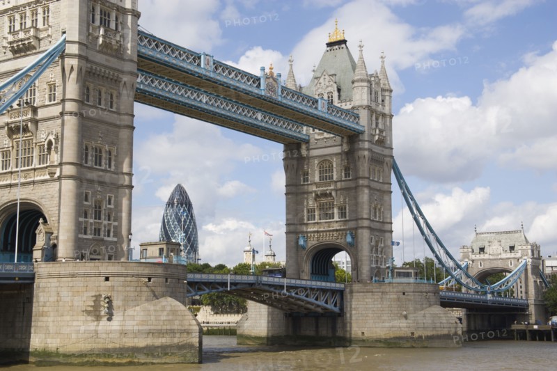 ENGLAND, London, Detail of  Tower Bridge on the River Thames with the Gherkin tower seen through the bridge.