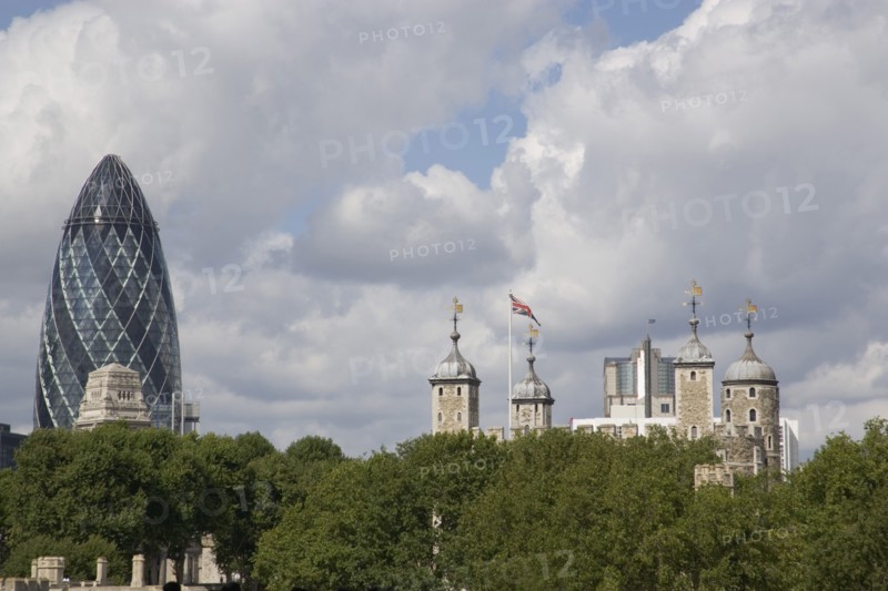 ENGLAND, London, View of the Skyline showing the Tower of London and the Gherkin glass building.