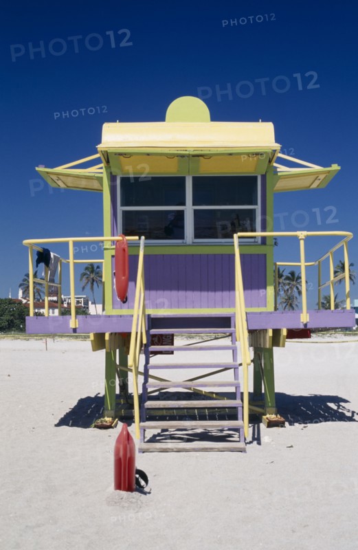 USA, Florida, Miami, South Beach. Colourful Lifeguard station on sandy beach