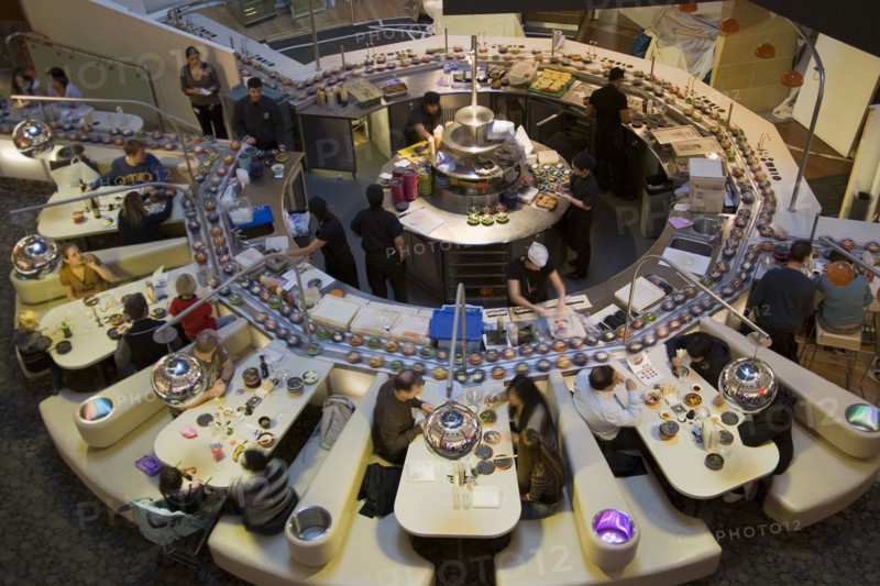 ENGLAND, Kent, Greenhithe, "Bluewater shopping mall, Yo Sushi conveyor Japanese restaurant."