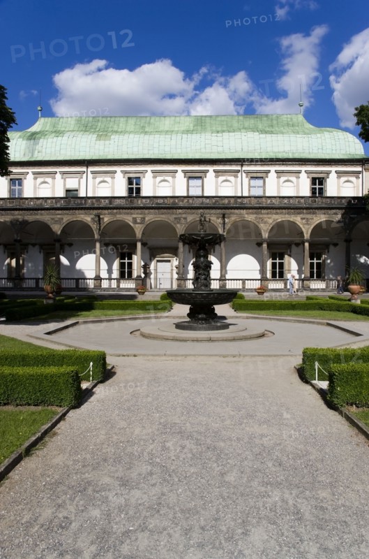 CZECH REPUBLIC, Bohemia, Prague, The Singing Fountain in front of the Belvedere or Royal Summer Palace in the Italian Renaissance style built by King Ferdinand I for his wife Anne